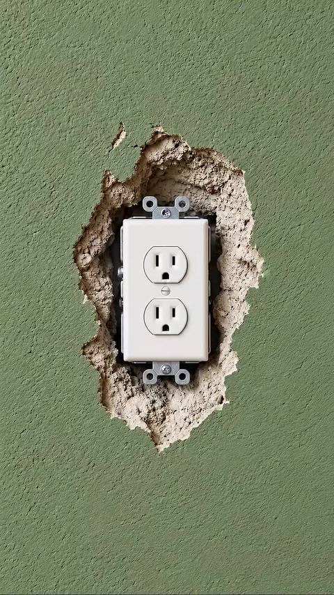 A rough, oversized cutout around an electrical outlet looks like a tough fix, but it isn’t. 🛠️ Clean the edges, fill with foam, level it, reinforce with mesh tape, mask the outlet with blue tape, apply putty, sand, repaint, and finish with a fresh cover plate. Watch this sage green wall go from damaged to flawless. ⚡✨  #DIYRepair #WallRepair #OutletRepair #HomeImprovement #beforeandafter 